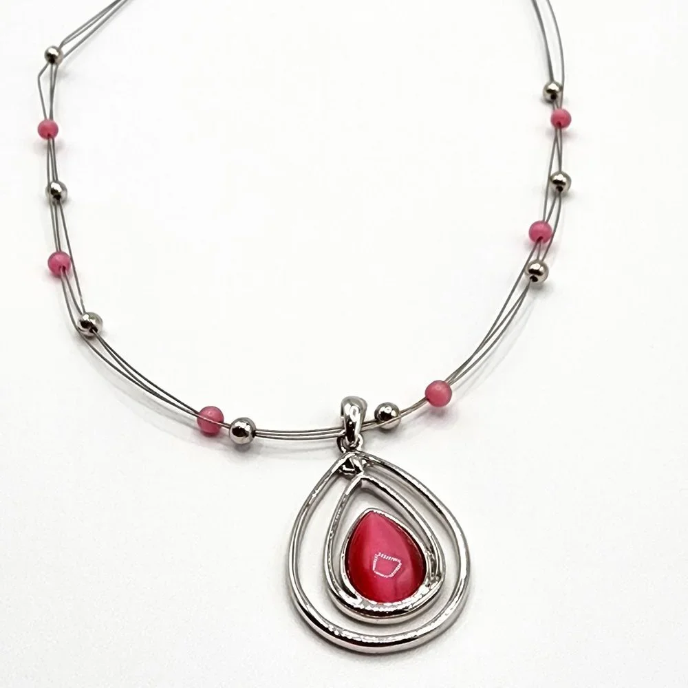 LIA SOPHIA COTTON CANDY Silver Pink Teardrop Floating Bead Signed Necklace